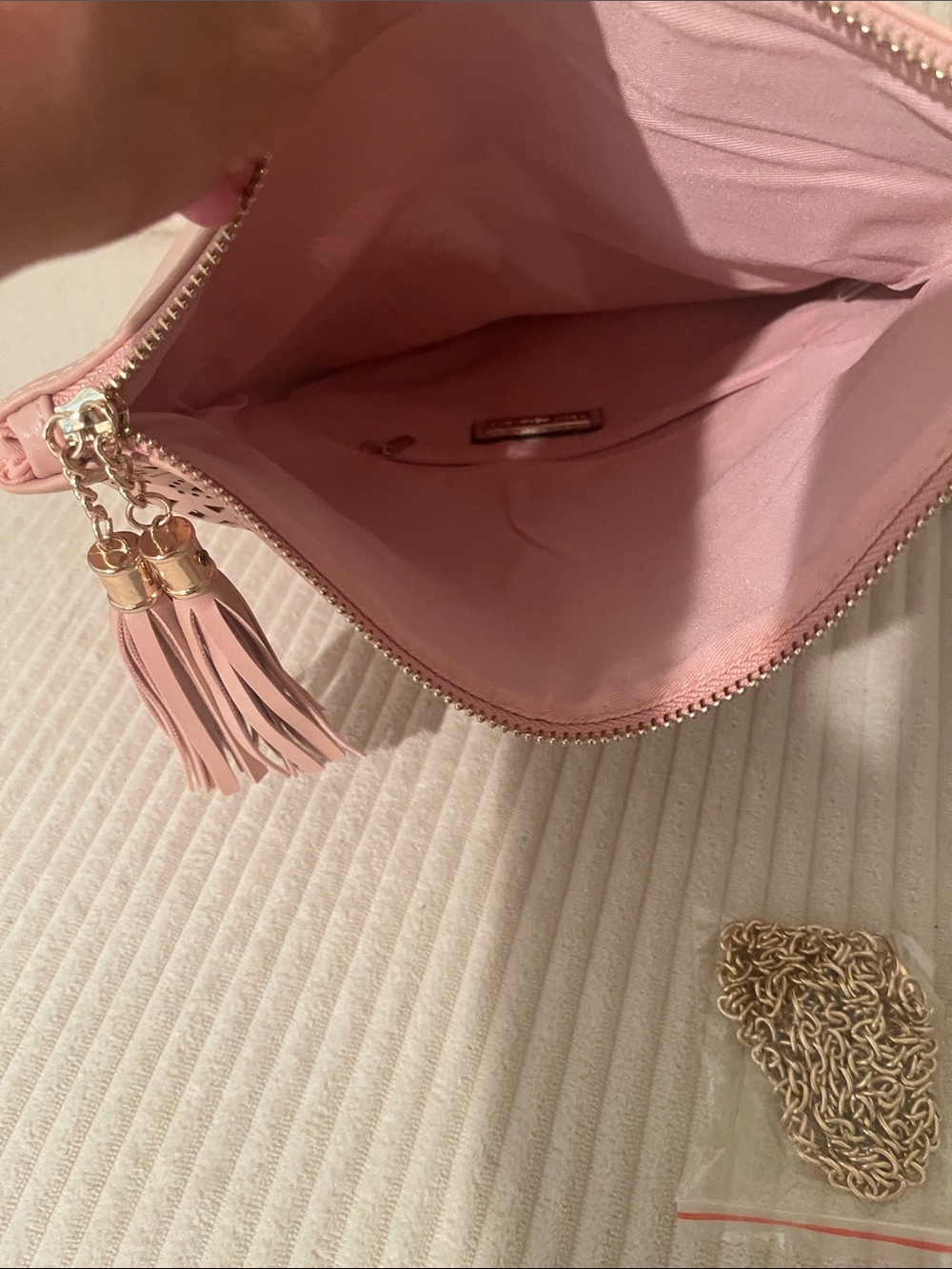 Women’s Pink Laser-Cut Tassel Foldover Clutch - Picture 6 of 8